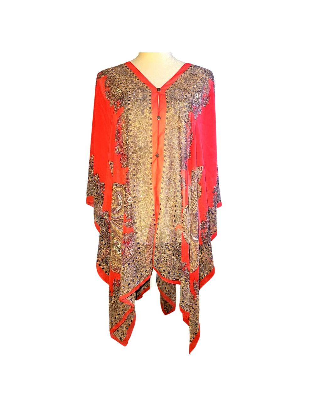 Zoe Madison Kimono Wrap Pullover Red Paisley Button Sheer Boho Cover Up